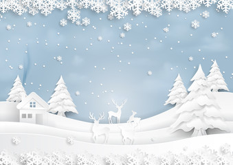 Poster - Deers joyful on snow and winter season with urban landscape background paper art style for merry christmas and happy new year.Vector illustration.