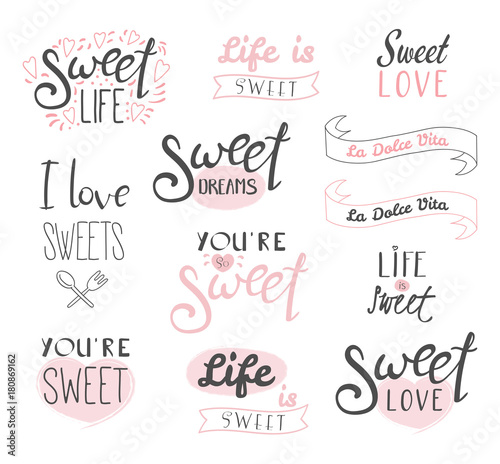 Cuadros en Lienzo Set of different typography elements about sweets, life and love, Italian text La dolce vita (Sweet life)