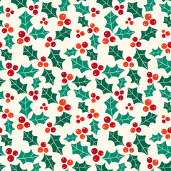 Wall Mural - Seamless vector pattern with Christmas symbol holly berries.