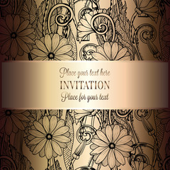 Abstract background with flowers, luxury beige and gold vintage tracery made of daisy flowers, damask floral wallpaper ornaments, invitation card, baroque style booklet, fashion patter