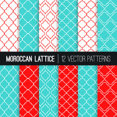 Wall Mural - Turquoise Red Moroccan Lattice Vector Patterns. Modern Elegant Aqua Blue and Red Christmas Backgrounds. Classic Quatrefoil Trellis Ornament. Vector Pattern Tile Swatches Included.