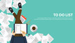 © makyzz - To do list concept. Man sitting on the floor with pile of papers and planner book in his lap. Flat vector illustration