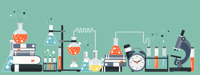 laboratory equipment banner. concept for science, medicine and knowledge. flat vector illustration