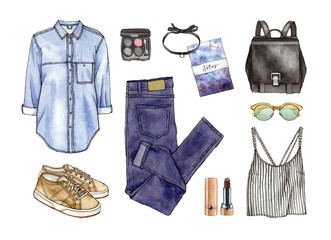 watercolor hand paintiing sketch fashion outfit, a set of clothes and accessories. casual style. isolated elements