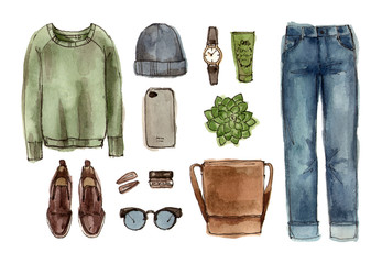 sketch autumn outfit. hand drawing watercolor fashion illustration. set of isolated elements.