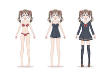Anime Manga Girl. In Lace Underwear, Bra, Shirt, School Suit With Bows. Cartoon Character In Japanese Style.