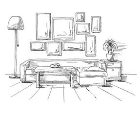 Linear sketch of an interior. Hand drawn vector illustration of a sketch style.