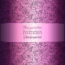 Romantic Background With Antique, Luxury Metal Pink Vintage Card, Victorian Banner, Rose Flower Wallpaper Ornaments, Invitation Card, Baroque Style Booklet With Text