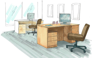 Fototapete - Open Space office. Workplaces outdoors. Tables, chairs and windows. A bright sketch drawn by markers.