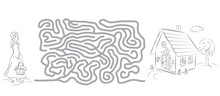 Maze Game, Coloring Page For Kids With Pictures Of Little Red Riding Hood And House. 