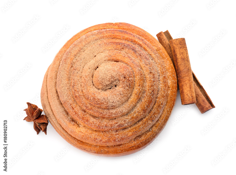 Sweet cinnamon roll on white background