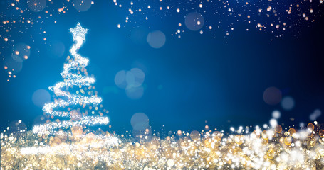 golden and silver lights with christmas tree on blue background,bright decoration for merry xmas gre