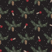 Embroidery Christmas Seamless Pattern With Mushrooms, Pine And Snow. Vector Embroidered New Year Floral Design For Fashion, Fabric, Wrapping.