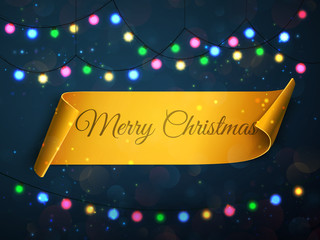 Wall Mural - Merry Christmas greeting card. Vector festive background with colorful lights.