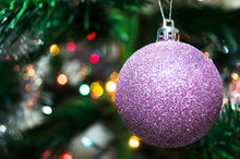 Purple Christmas Ball On A Spruce Branch