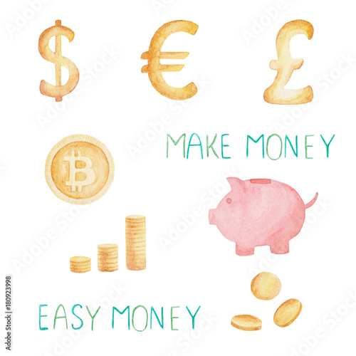 Watercolor Currency Set Bitcoin Dollar Euro Pound Money Concept - 