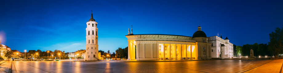 Vilnius, Lithuania, Eastern Europe. Evening Night Panorama Of Belfry, Cathedral Basilica Of St. Stanislaus And St. Vladislav And Palace