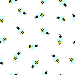 Poster - Abstract vector seamless pattern with bees on white background. Flat illustration of wasps. Color image with flying insects. Hipster filing. Cute and beautiful honey print.