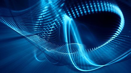 Poster - Abstract blue and black background. Fractal graphics series. Three-dimensional composition of dots, waves and rays of light. Wide.
