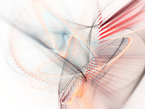 Abstract red and white background. Fractal graphics series. Three-dimensional composition of dots, waves and rays of light.