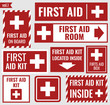 First aid sign and label set, vector illustration