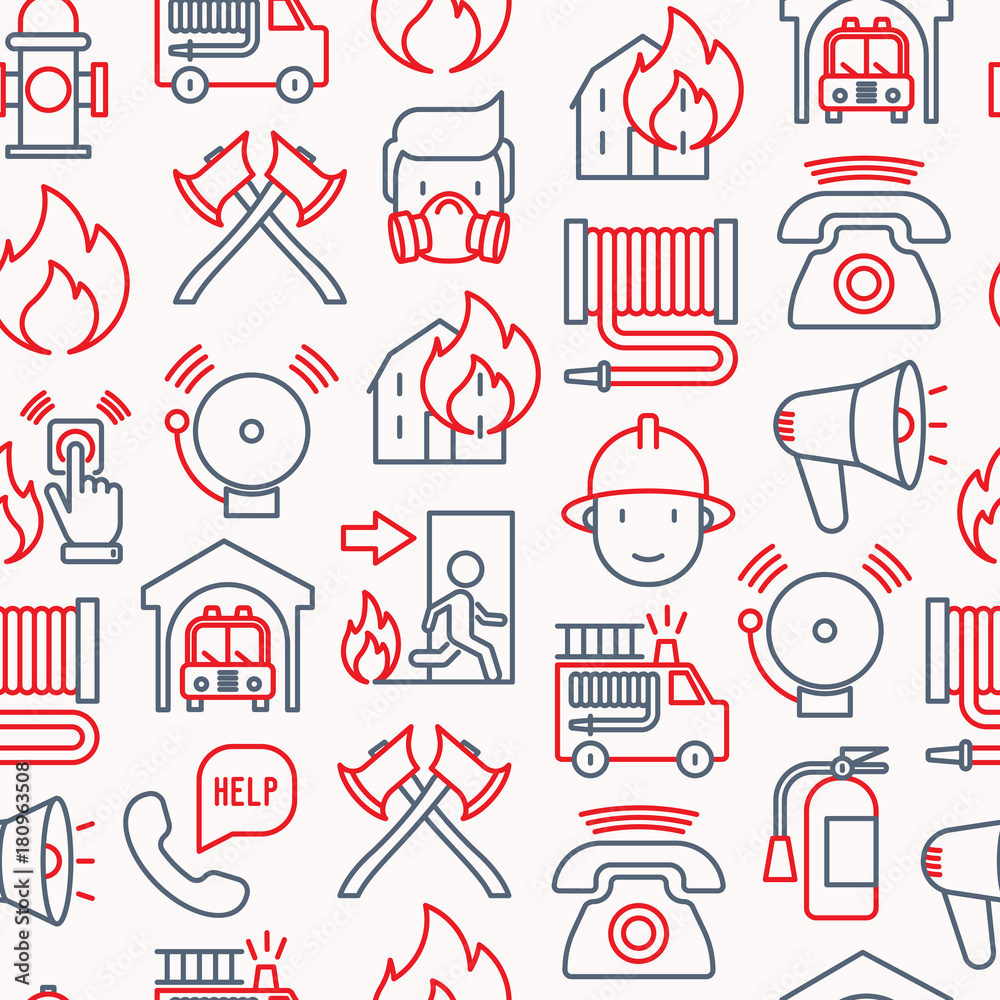 Firefighter seamless pattern with thin line icons: fire, extinguisher ...