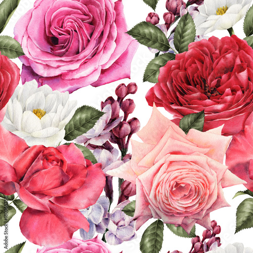Seamless floral pattern with roses, watercolor.