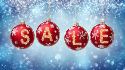 Wall Mural - Sale banner on red Christmas balls with round snow flake on bokeh background. 4K