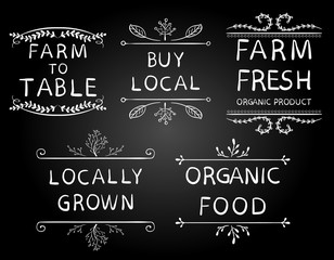 'Farm to table' 'buy local' 'farm fresh' 'locally grown' 'organic food'. Typography elements. VECTOR vignettes on black chalkboard background.