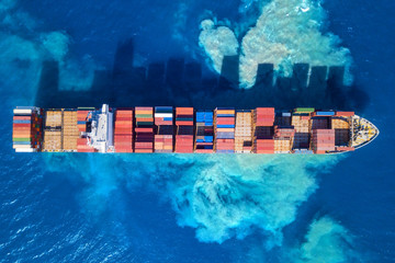 Large container ship at sea - Aerial view