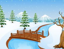 Cartoon Winter Landscape With Mountains And Small Wooden Bridge Over River