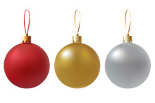 Vector Christmas Balls Set Isolated On White Transparent Background. Red, Gold, Silver Colors. Realistic Christmas Decorations. Traditional Element Of The New Year's Holiday. Eps 10