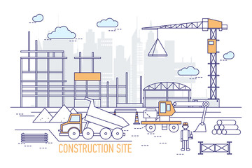 Construction site or area with constructed building, crane, excavator, dump truck, engineer wearing hard hat against silhouettes of skyscrapers on background. Vector illustration in line art style.