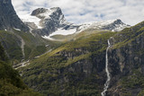 Fototapeta  - Jostedalsbreen National Park in Norway - mountains, stream and glaciers