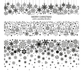 Wall Mural - Seamless snowflake border set, white background, Christmas design. Vector illustration, merry xmas flake header or banner, wallpaper or backdrop decor