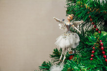 Close Up Christmas Toy Of Ballet Dancer On Tree