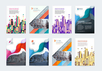 Wall Mural - Business vector set. Brochure template layout, cover design annual report, flyer in A4 with colourful geometric shapes for PR, business, tech on bright background. Abstract creative design.