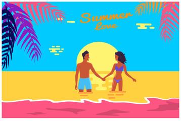 Wall Mural - Summer Love Poster of Happy Couple Standing in Sea