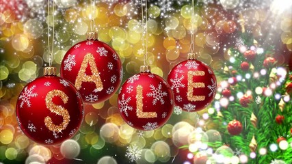 Wall Mural - Sale banner on red Christmas balls with round snow flake on bokeh background. 4K