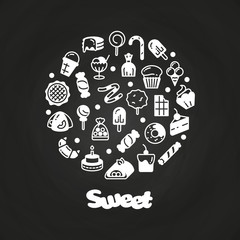 Wall Mural - Sweet desserts cakes candies icons on chalkboard