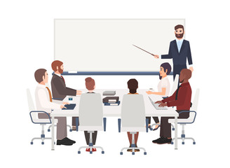 Poster - Group of cartoon people dressed in smart clothing sit around table and listen to man with pointer making presentation at board. Corporate business training, whiteboard meeting. Vector illustration.