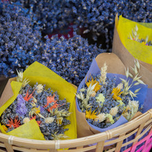 Close-up Of Creative Bouquets Of Fresh Lavender Flowers In Wicker Basket, Flower Shop, Studio. Delivery Of Flowers, Smell Plants, Aroma