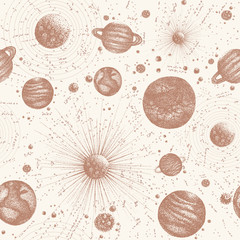 Seamless pattern with stars surrounded by celestial bodies in outer space. Backdrop with planets rotating around sun. Monochrome vector illustration in antique style for wallpaper, textile print.