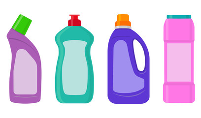 The bottles of detergent, washing powder, detergent powder, bottle of spray, a means for washing dishes. A simple illustration in the flat style, isolated on white background.
