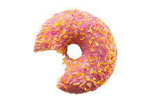 One Bite Missing Of Donut With Pink Frosting And Colorful Sugar Sprinkles Isolated On White Background