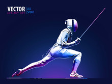 Fencer. Man Wearing Fencing Suit Practicing With Sword. Sports Arena And Lense-flares. Neon Effect. Vector Illustration.