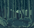 © kateja - Night forest landscape with mountains, plants and stars in the sky. Scenery background. Vector illustration.