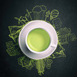© kirasolly - Green tea with circle ecology doodles. Sketched eco elements with cup of green tea