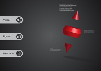 3D illustration infographic template with two spike cone divided to three parts askew arranged