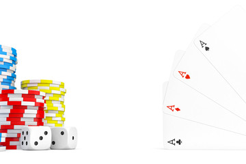 Poster - 3d rendering of four different ace cards with casino chip stacks and white dice.